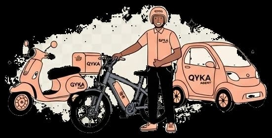 A Qyka rider with a scooter, an e-bike and a car